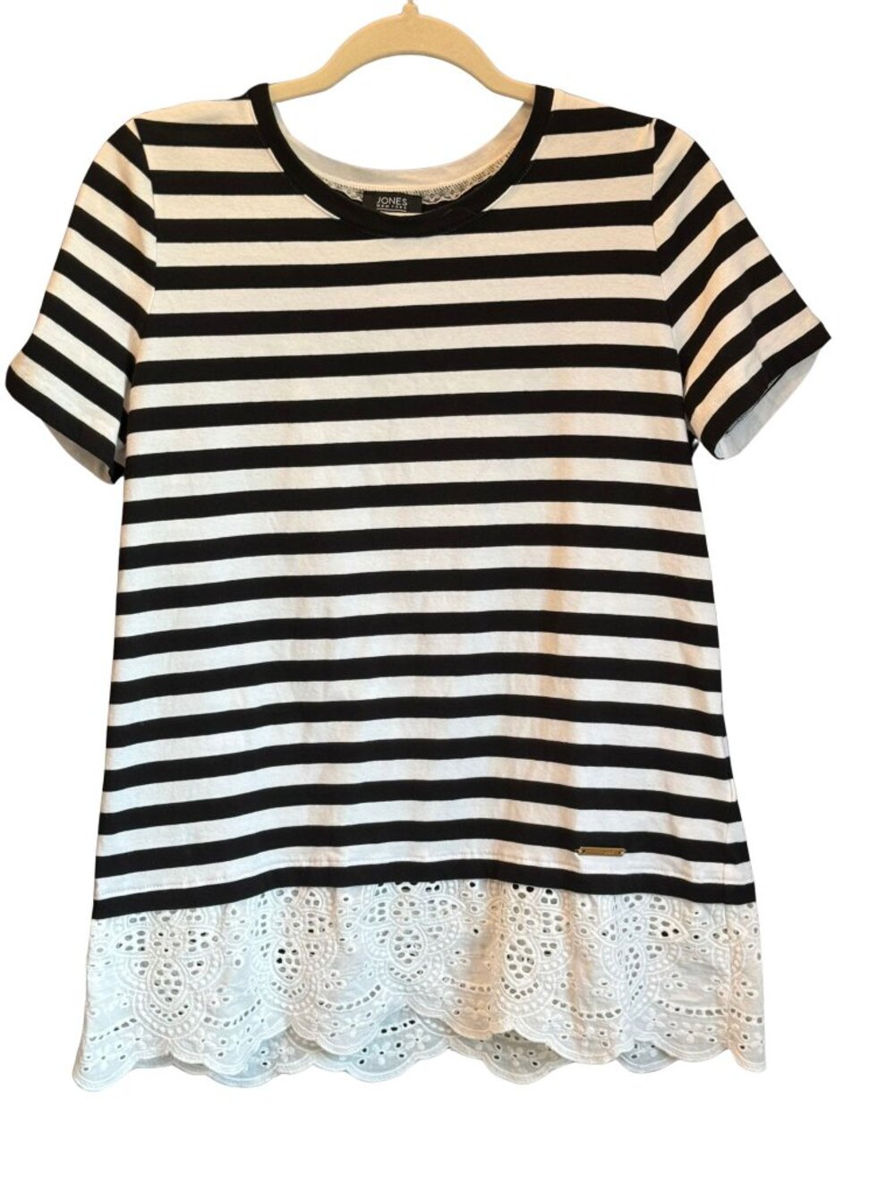 Jones New York Large Navy White Striped Eyelet Lace Hem Short Sleeve Top
